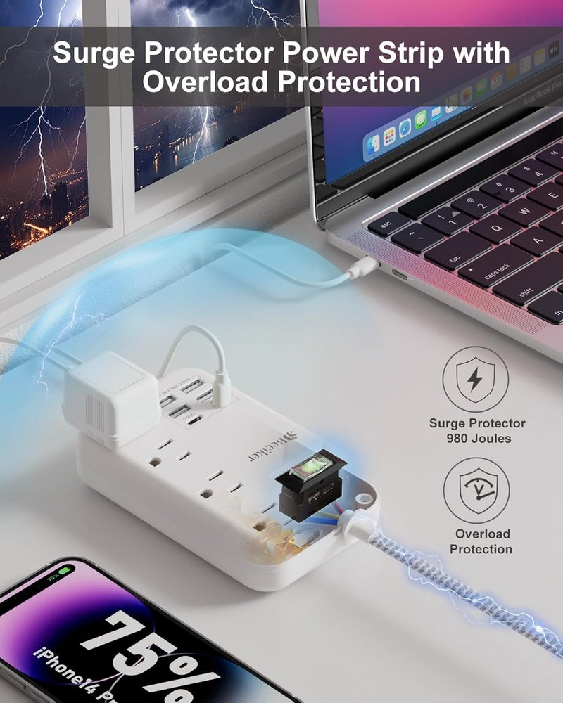 Beeiker 6 USB(2 USB C) Surge Protector Power Strip- 5Ft Travel Power Strip with 4.8A USB Charging Station and 4 Extendable Outlet, 13A Flat Plug Braided Extension Cord with Wall Mount for Travel Office Dorm - Image 5